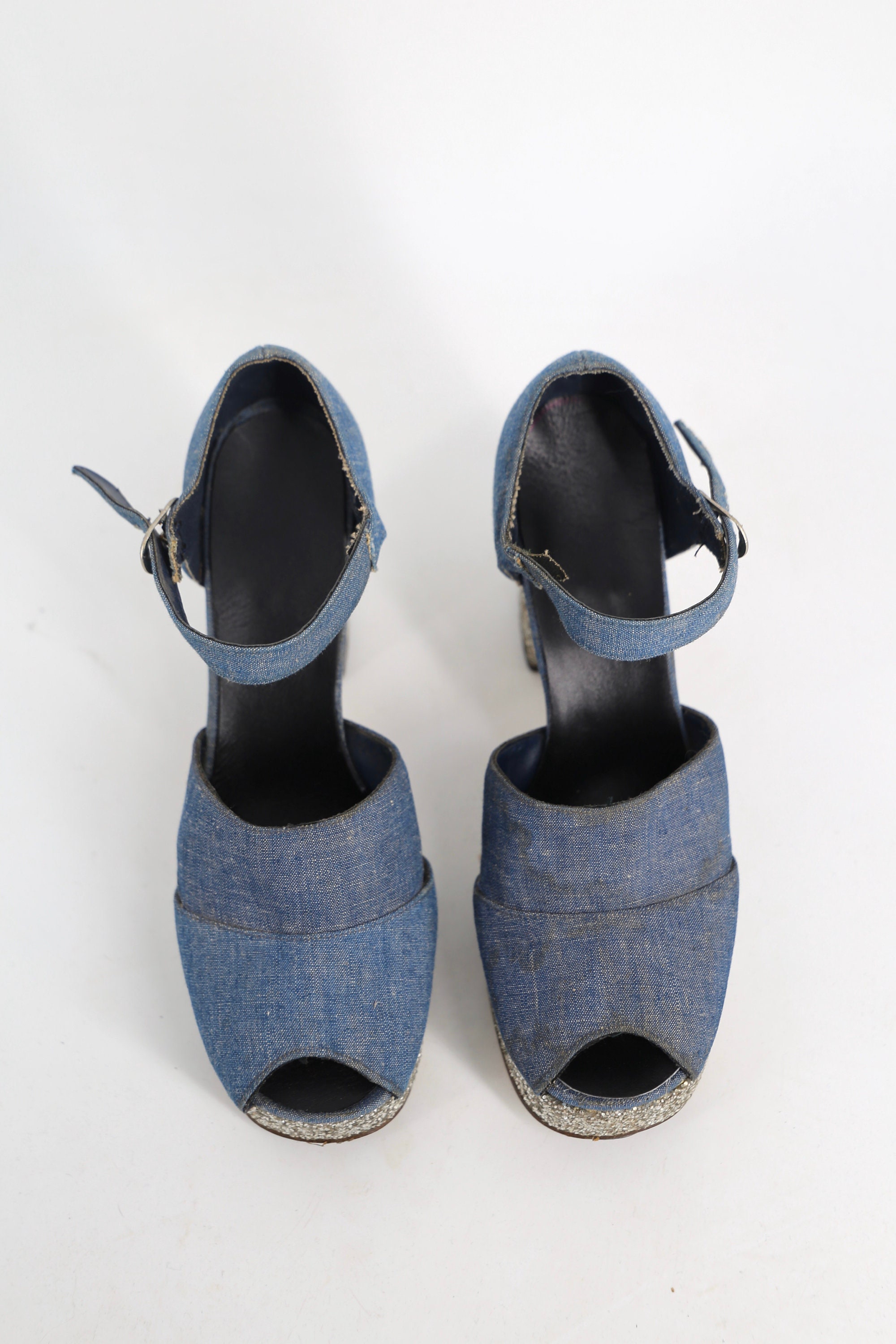 70s denim & glitter stack heel platform shoes sz 8 / vintage 1970s rare
