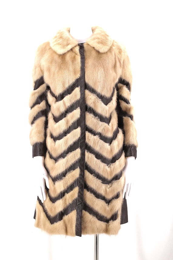 70s mink leather fur coat, vintage 1970s chevron … - image 2