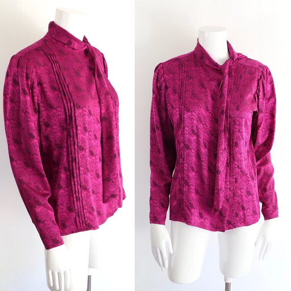 80s UNGARO fuchsia silk tie blouse sz 6 / vintage… - image 1