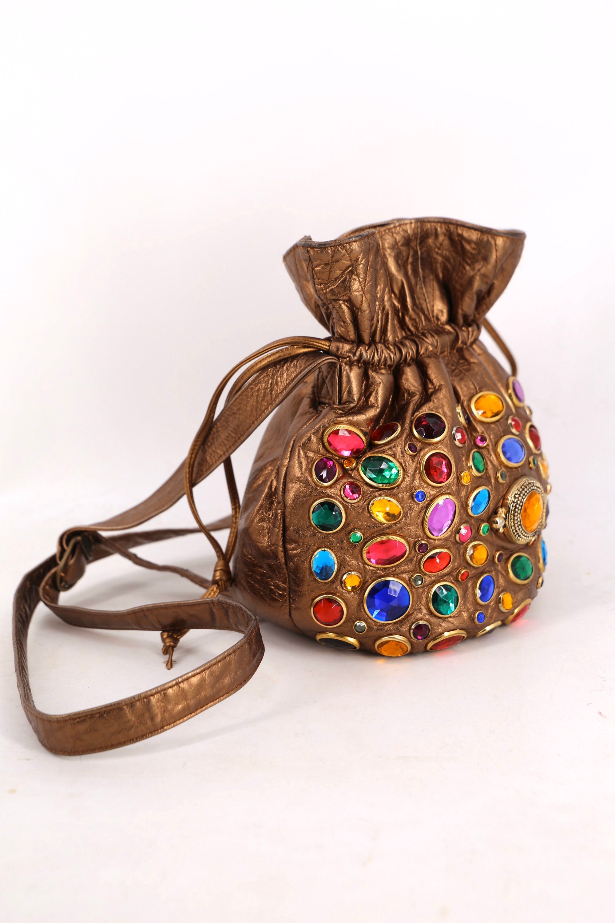 80s JEWELED bronze leather bucket bag / vintage 1980s big gem
