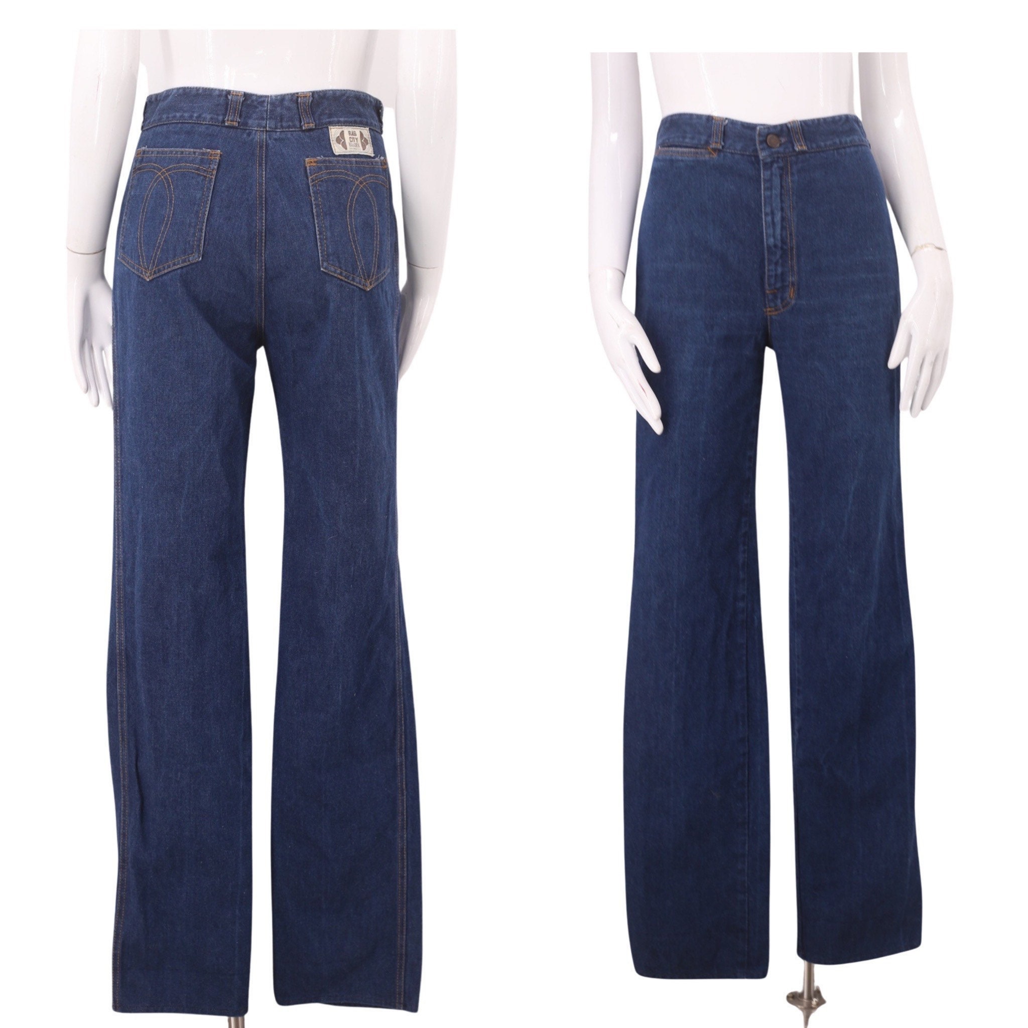 70s RAG CITY BLUES high waisted dark denim jeans 28 / vintage 1970s straight leg pants bells
