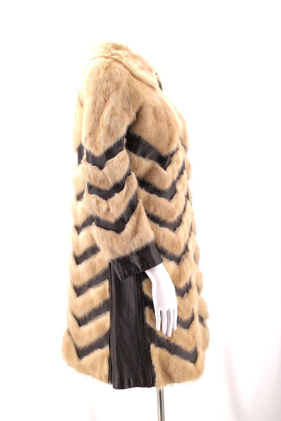 70s mink leather fur coat, vintage 1970s chevron … - image 6