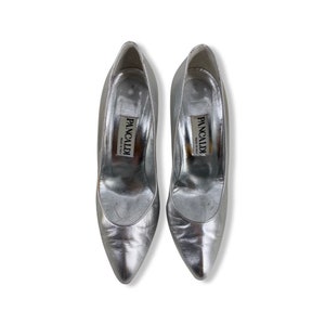 80s silver high heels sz 7.5, Vintage 1980s PANCALDI metallic shoes, leather pumps, 80s designer shoes Italy image 3