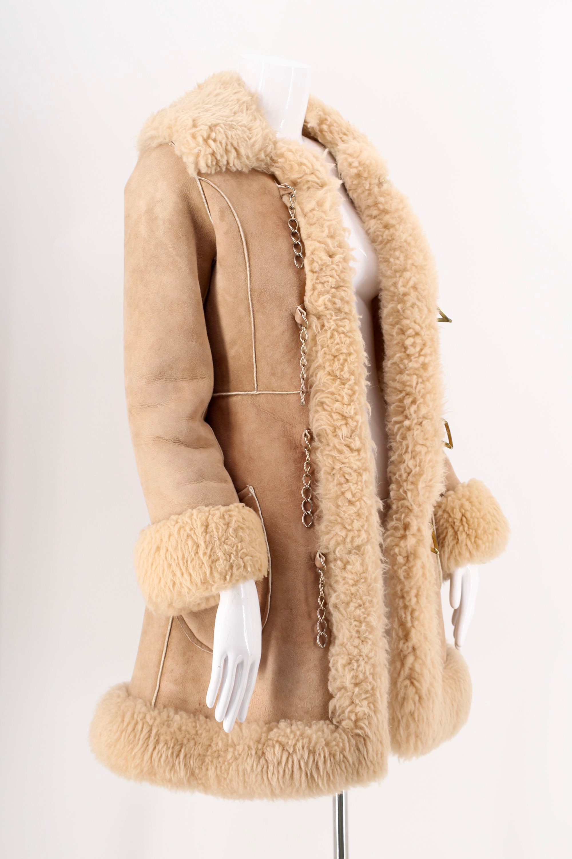 70s PENNY LANE beige suede & shearling trim coat / vintage 1970s chain