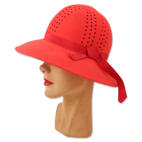 60s ADOLFO orange felt hat, vintage 1970s perfora… - image 1