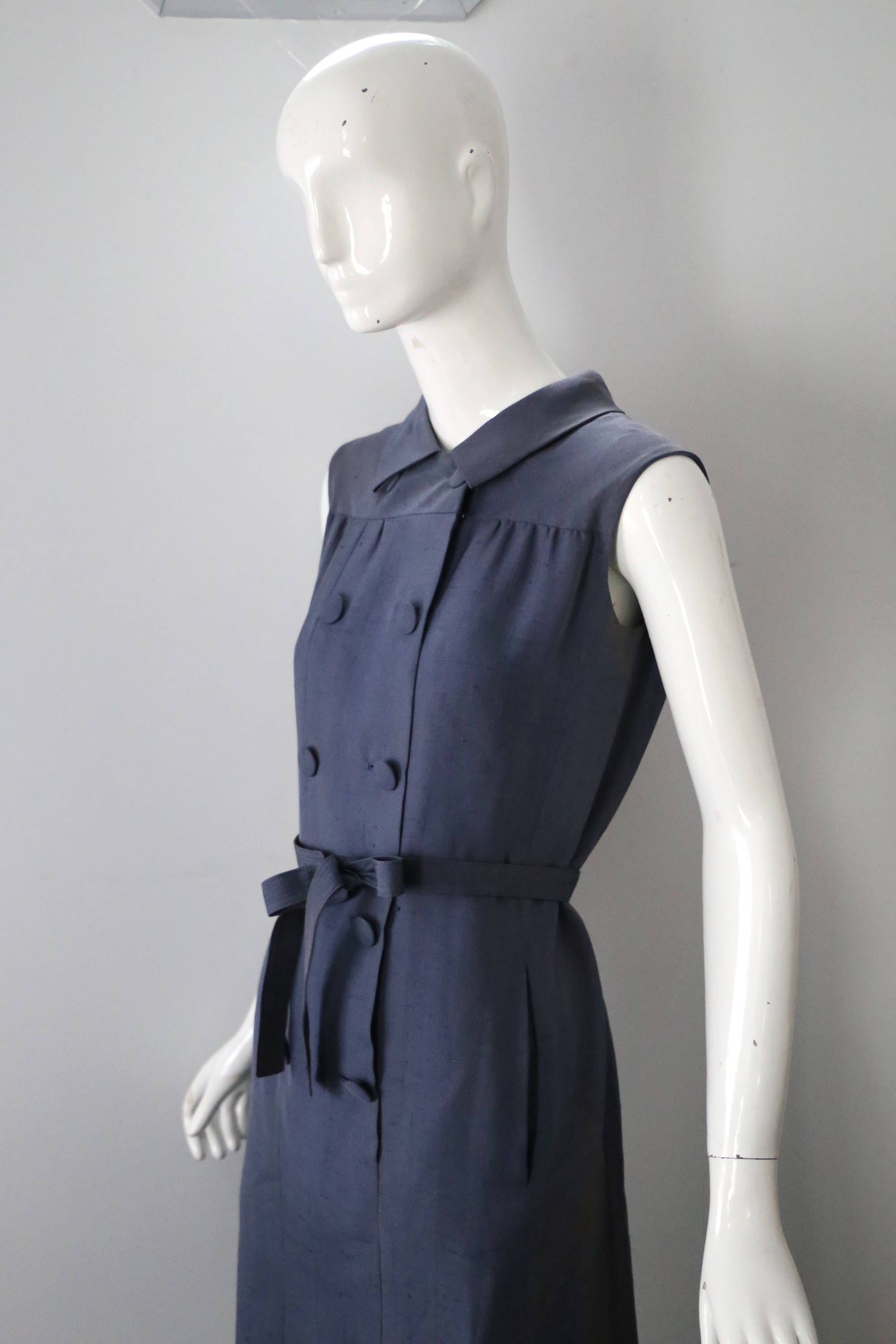 60s NORMAN NORELL muted blue silk sleveless shift DRESS 1960s vintage ...