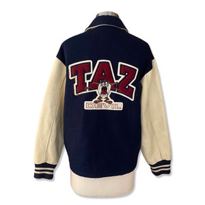 1990s Taz Looney Toons Varsity Jacket XS, vintage 1997 cartoon letterman jacket, wool leather sleeves neutral unisex image 3