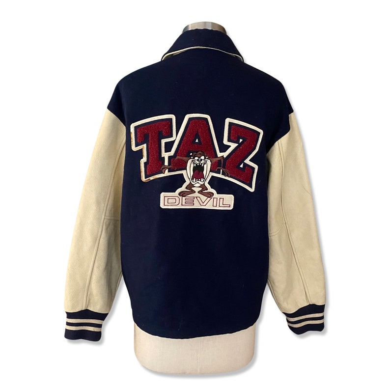 1990s Taz Looney Toons Varsity Jacket XS, vintage 1997 cartoon letterman jacket, wool leather sleeves neutral unisex image 3