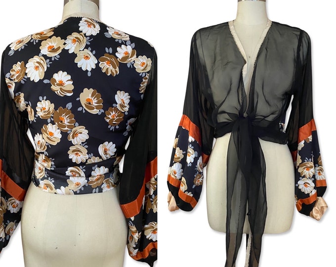 1970s Disco Chiffon Peasant Blouse, Vintage Daisy Jones Ties Top, Sheer Mixed Media Print Shirt M/L