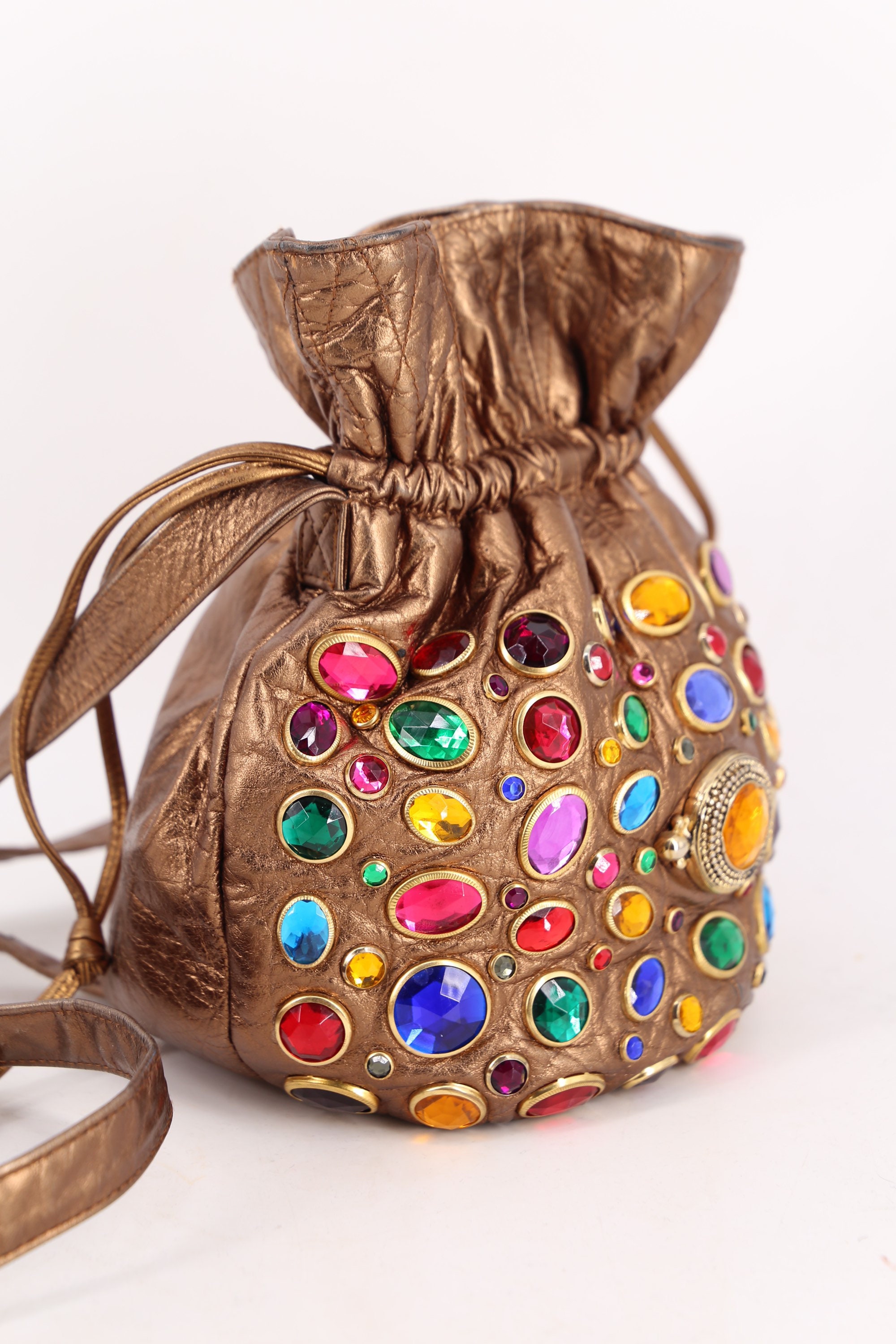 80s JEWELED bronze leather bucket bag / vintage 1980s big gem