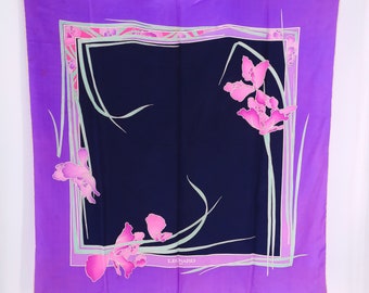 vintage silk LEONARD orchid floral print large designer scarf purple and black 70s 1970s 46 x 40