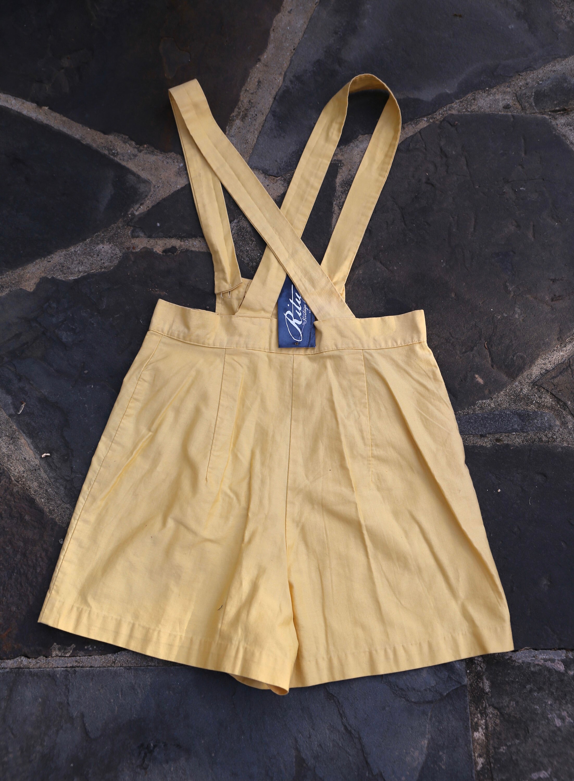 40s rare romper overalls sz L / vintage 1940s pale yellow cotton ...