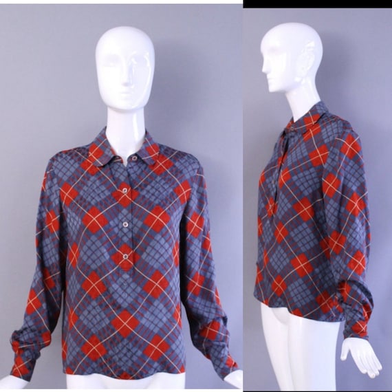 80s GEOFFREY BEENE argyle plaid Silk Printed Blou… - image 1