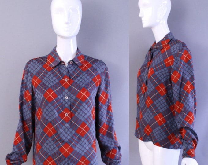 80s GEOFFREY BEENE argyle plaid Silk Printed Blouse tunic top vintage size 10 1980s 70s