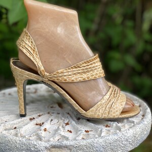 70s sz 6.5 HALSTON python sandals high heels, vintage 1970s 80s beige strappy shoes, disco heels, pumps shoes 36.5 image 4