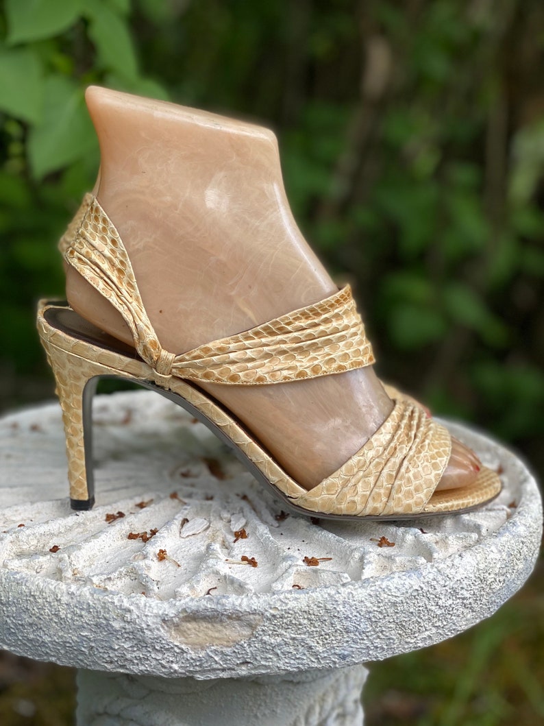 70s sz 6.5 HALSTON python sandals high heels, vintage 1970s 80s beige strappy shoes, disco heels, pumps shoes 36.5 image 4