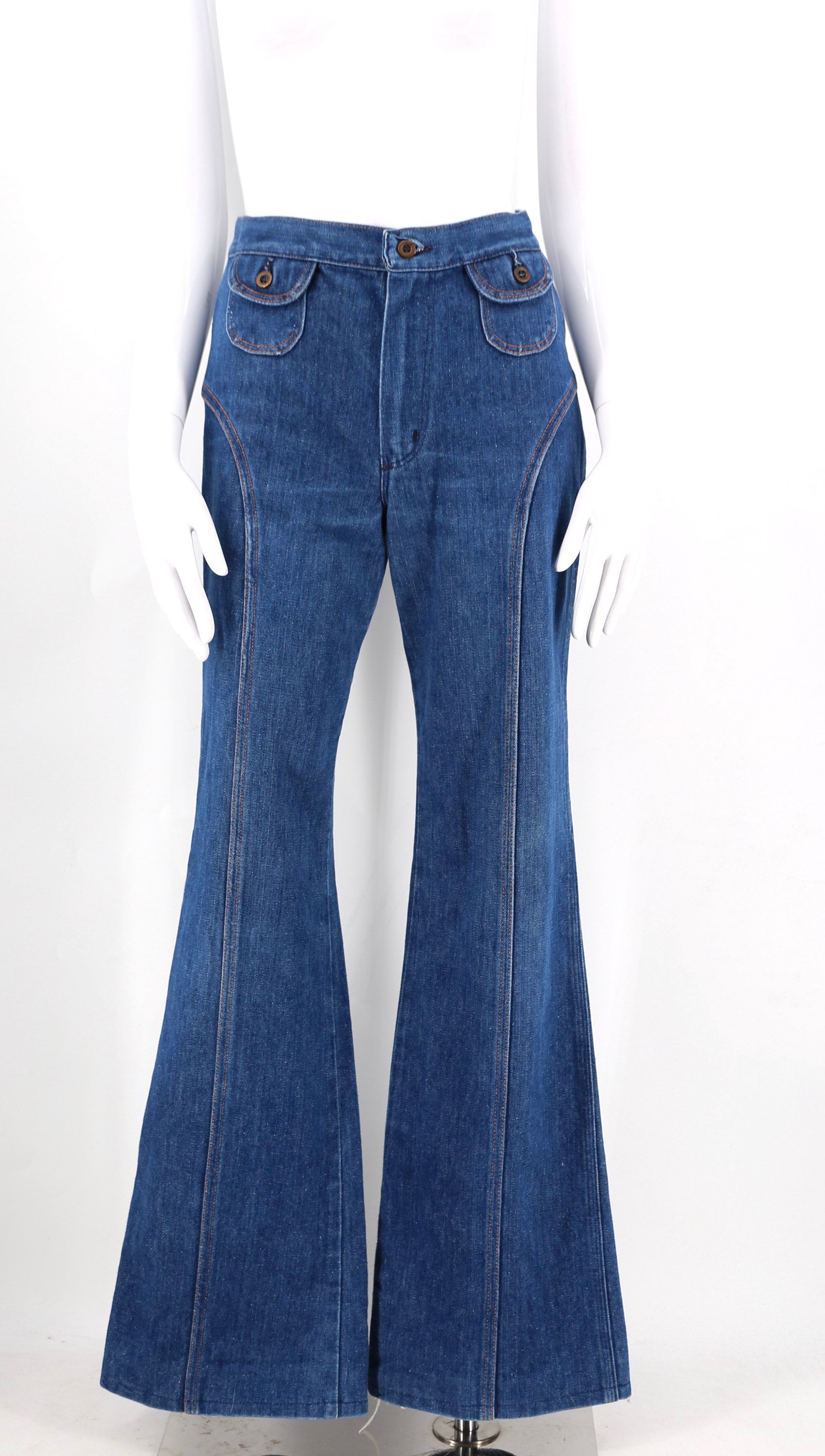 70s Wrangler denim bell bottoms jeans / vintage 1970s horseshoe stitched  saddle stitched flares pants