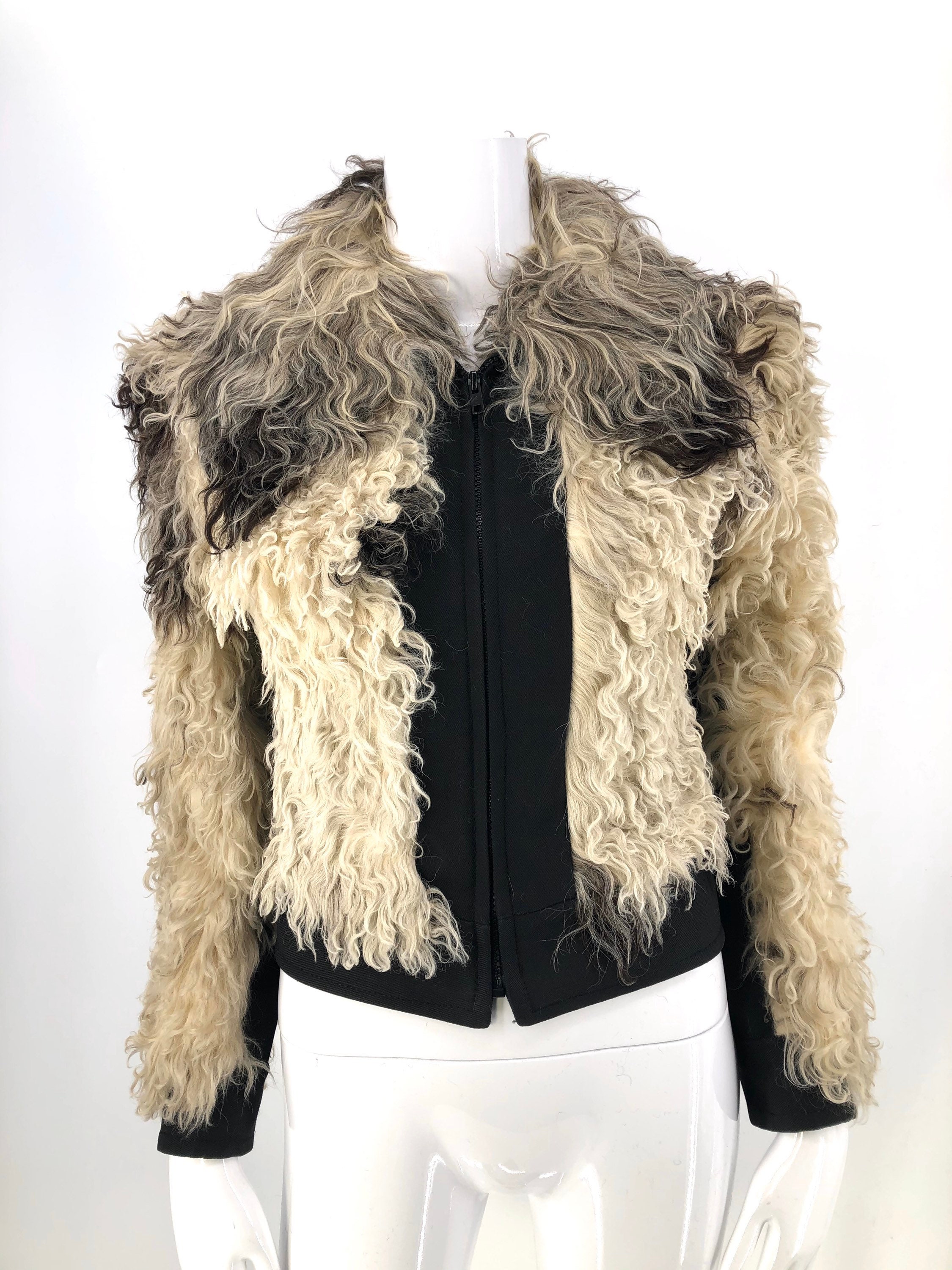 70s Mongolian lamb shaggy fur jacket / vintage 1970s black & white
