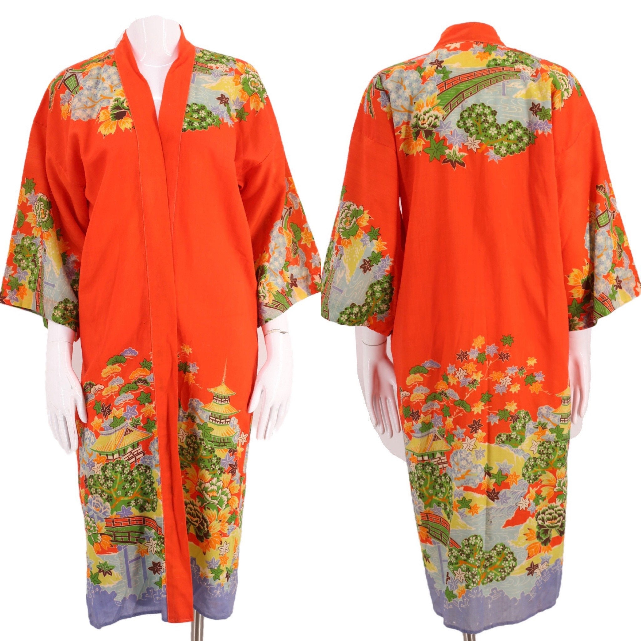 30s JAPAN kimono wool challis print robe / vintage 1930s export KIMONO ...