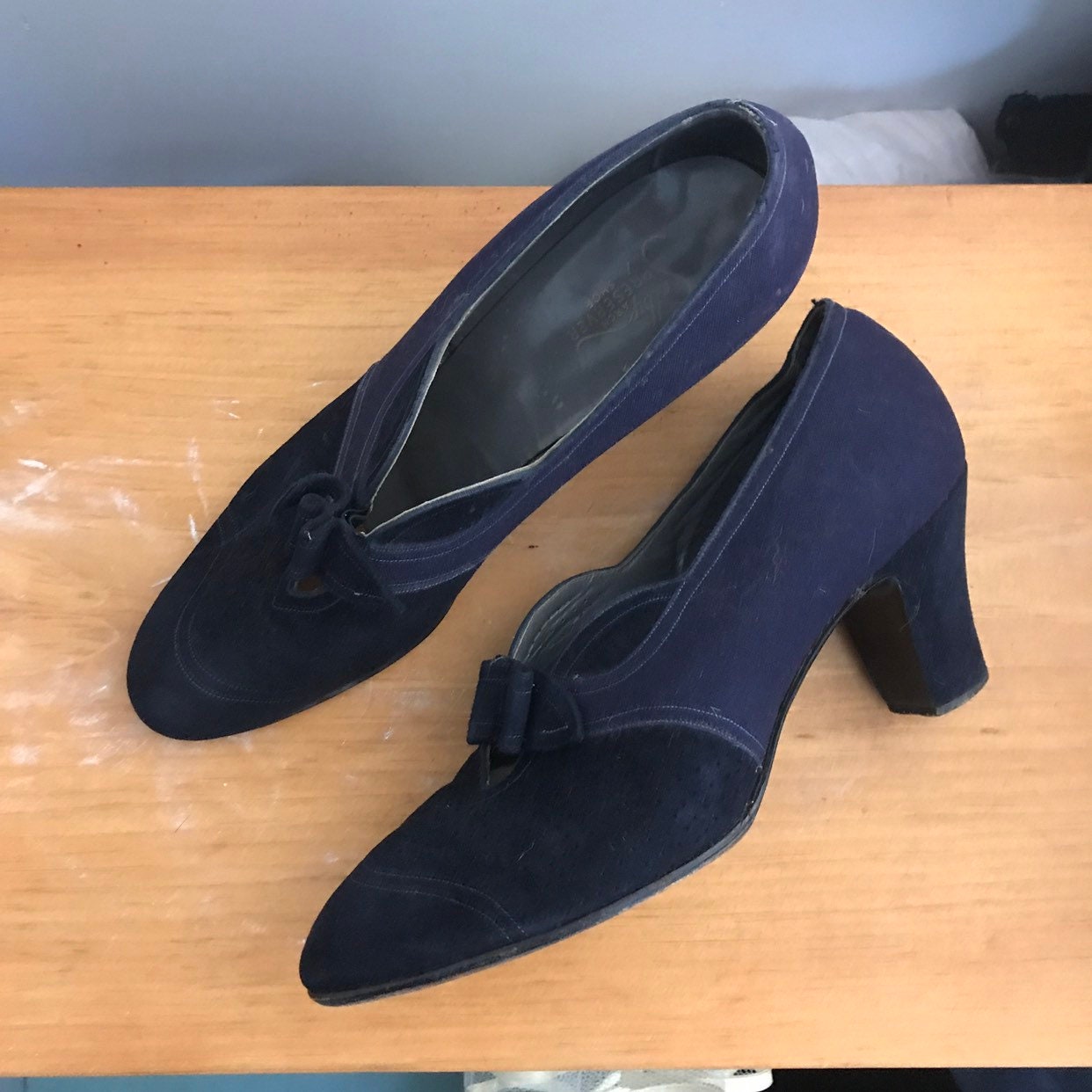 jernbane modul mover 30s navy suede shoes size 6 / low heeled bow pumps high heels SHOES vintage  1930s 1920s