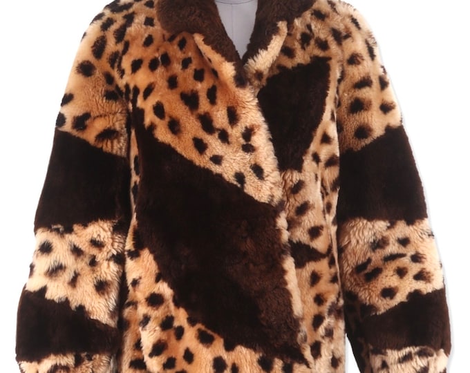 70s shearling coat womens size large, vintage 1970s Leopard Cheetah Print, mouton Fur jacket Glam Rock Disco