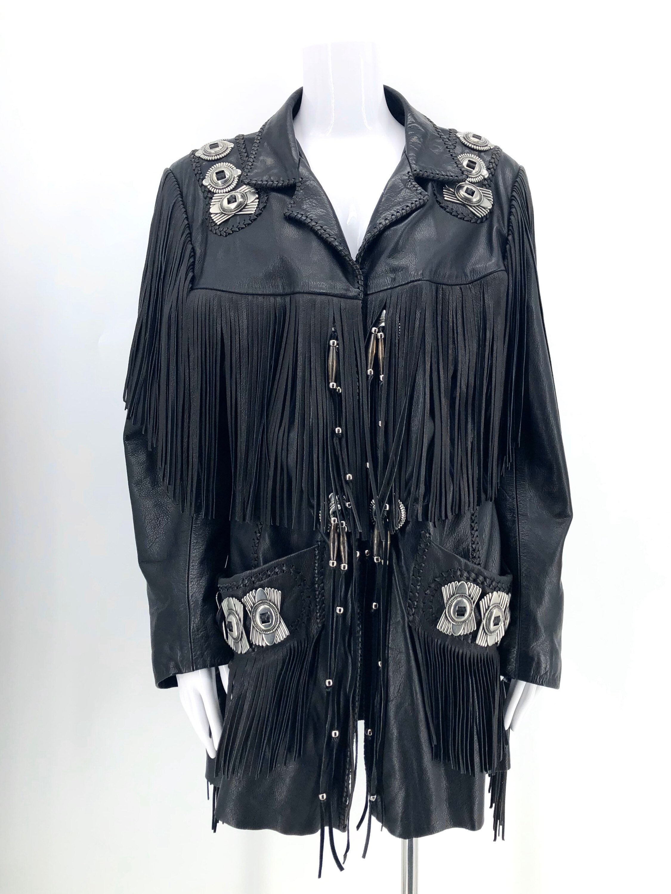 80s Arturo black leather fringe silver concho artisan jacket / vintage ...