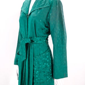 30s rayon Satin emerald dressing gown M / vintage late 1930s 40s dot print zip front dress with wide sweep and sash 1940s S-M image 5