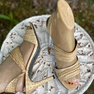 70s sz 6.5 HALSTON python sandals high heels, vintage 1970s 80s beige strappy shoes, disco heels, pumps shoes 36.5 image 7