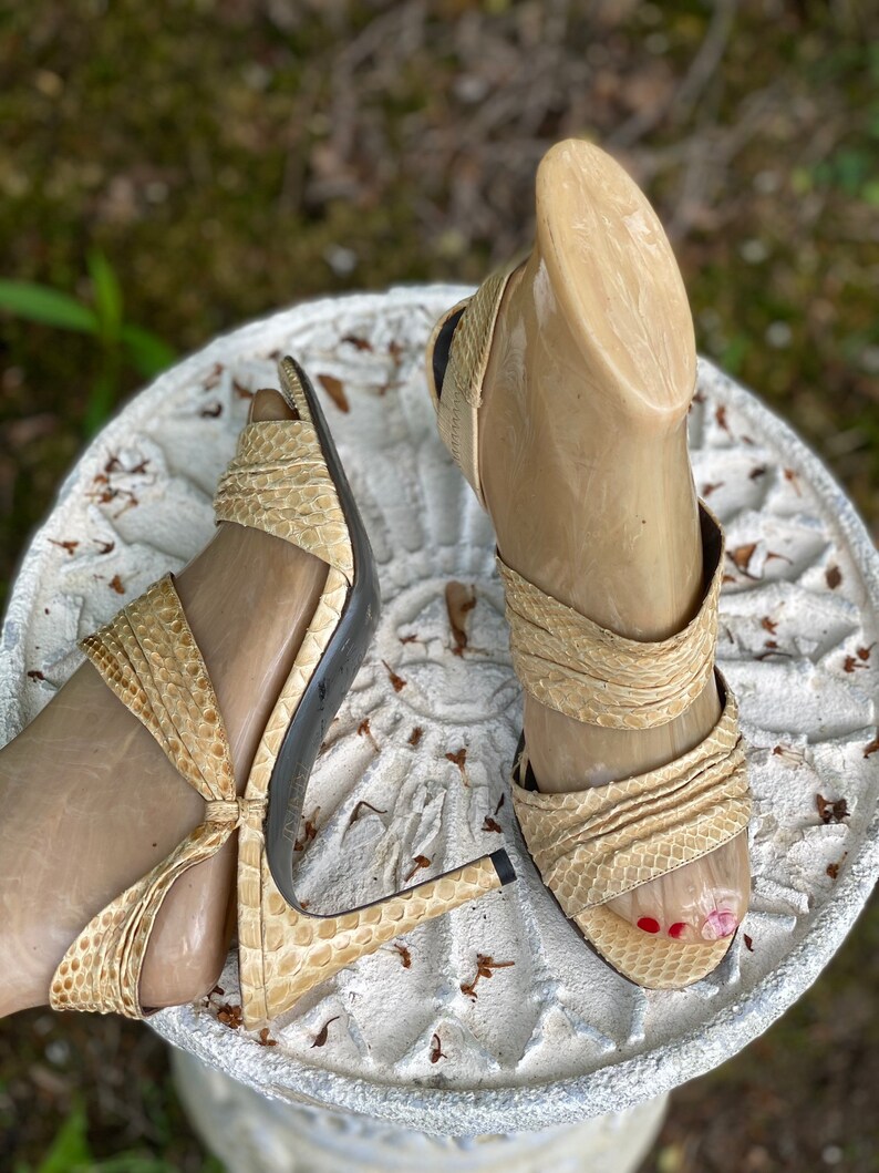 70s sz 6.5 HALSTON python sandals high heels, vintage 1970s 80s beige strappy shoes, disco heels, pumps shoes 36.5 image 7