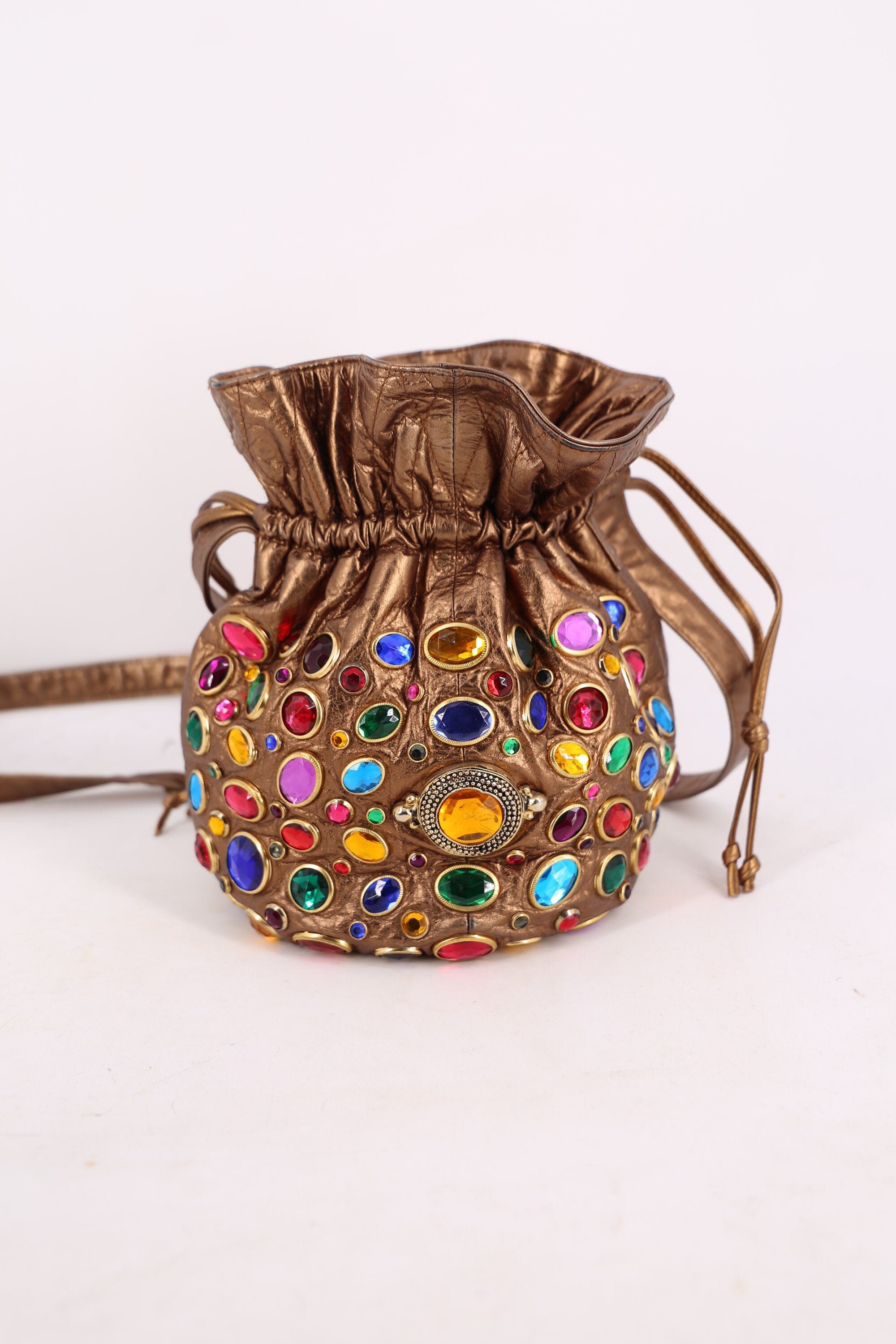 80s JEWELED bronze leather bucket bag / vintage 1980s big gem