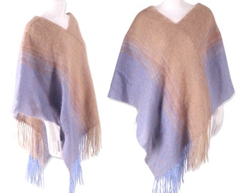 Vintage Wool Mohair poncho, 80s Handwoven Knit Pullover, Large Shawl Wrap, Scottish style Beige Blue Hand knit Handmade