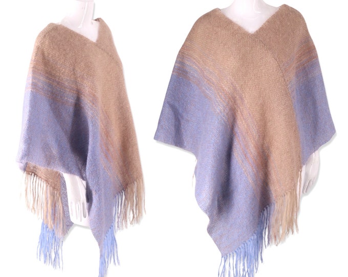 Vintage Wool Mohair poncho, 80s Handwoven Knit Pullover, Large Shawl Wrap, Scottish style Beige Blue Hand knit Handmade