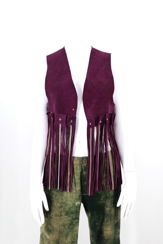 60s Woodstock era purple suede fringe & chains ves