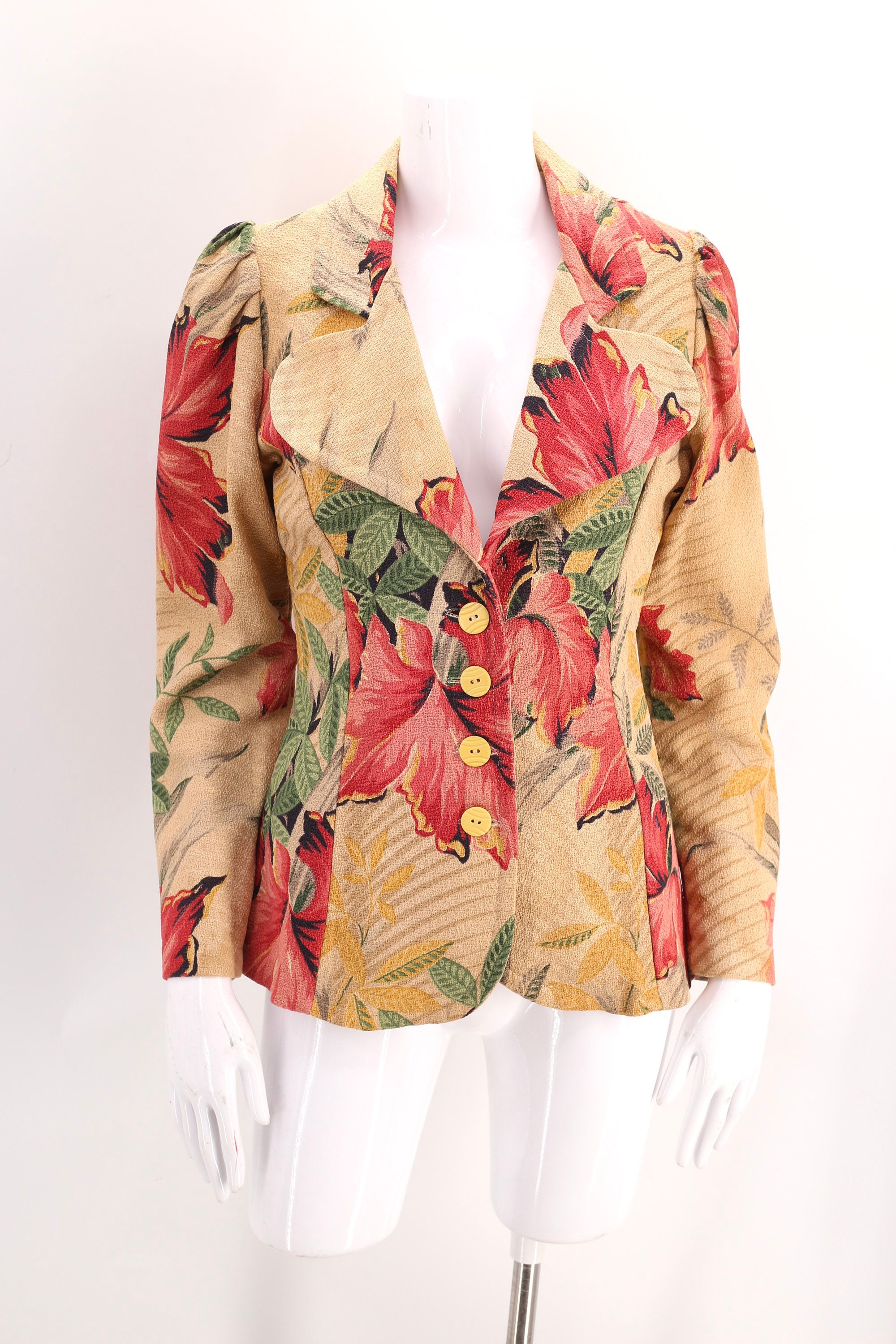 70s Bark cloth print blazer M / vintage 1970s does 40s tropical floral ...
