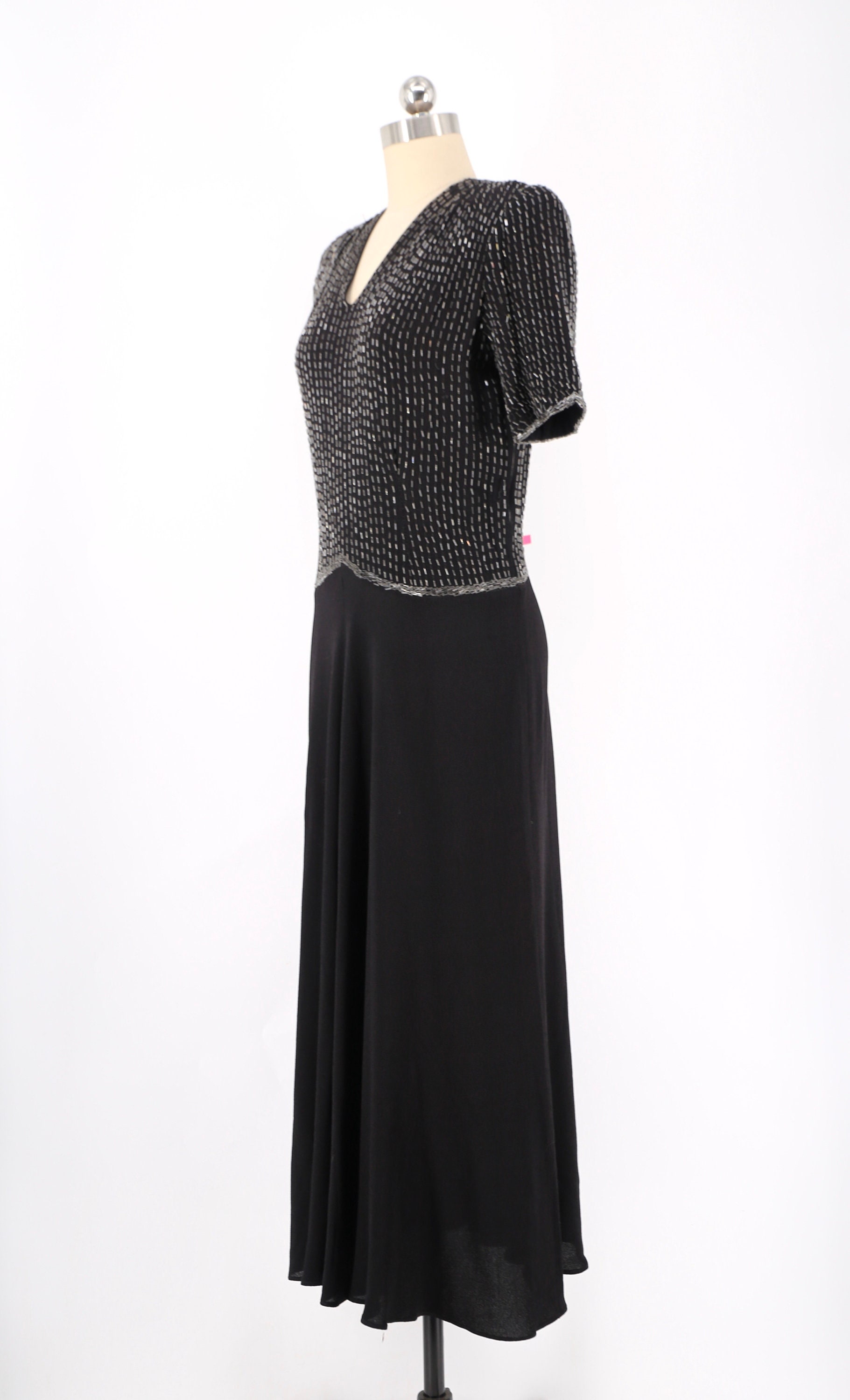 40s bugle beaded black crepe evening gown L