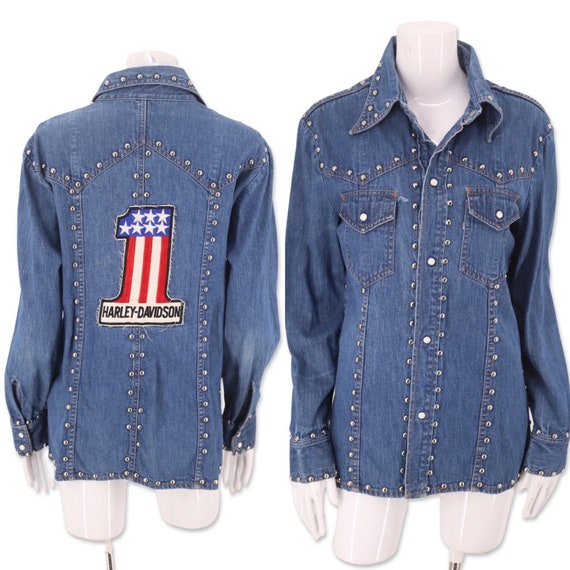 70s LEVIS studded denim Harley jacket shirt M, vi… - image 1