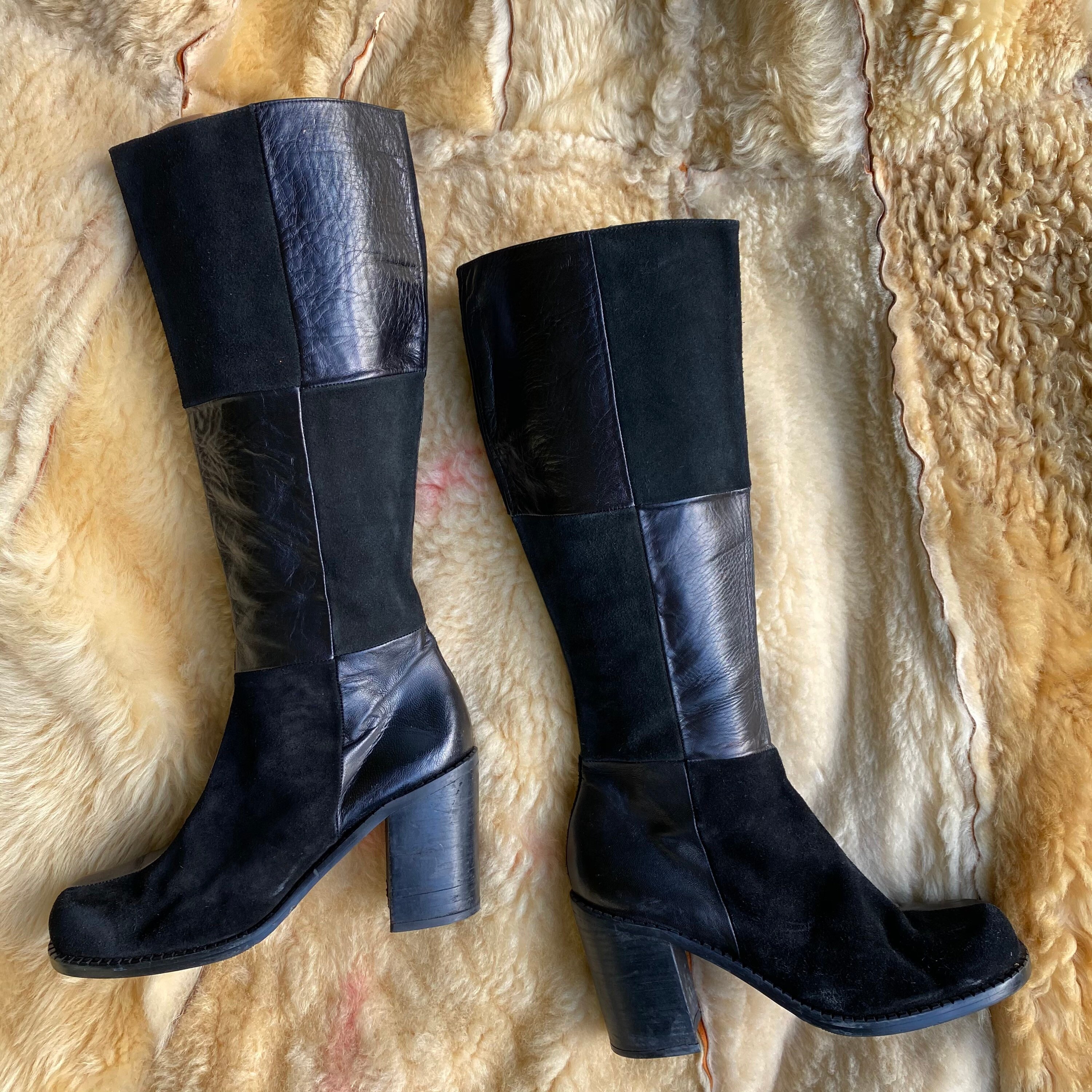 women's trendy vintage leather patchwork chunky calf boots