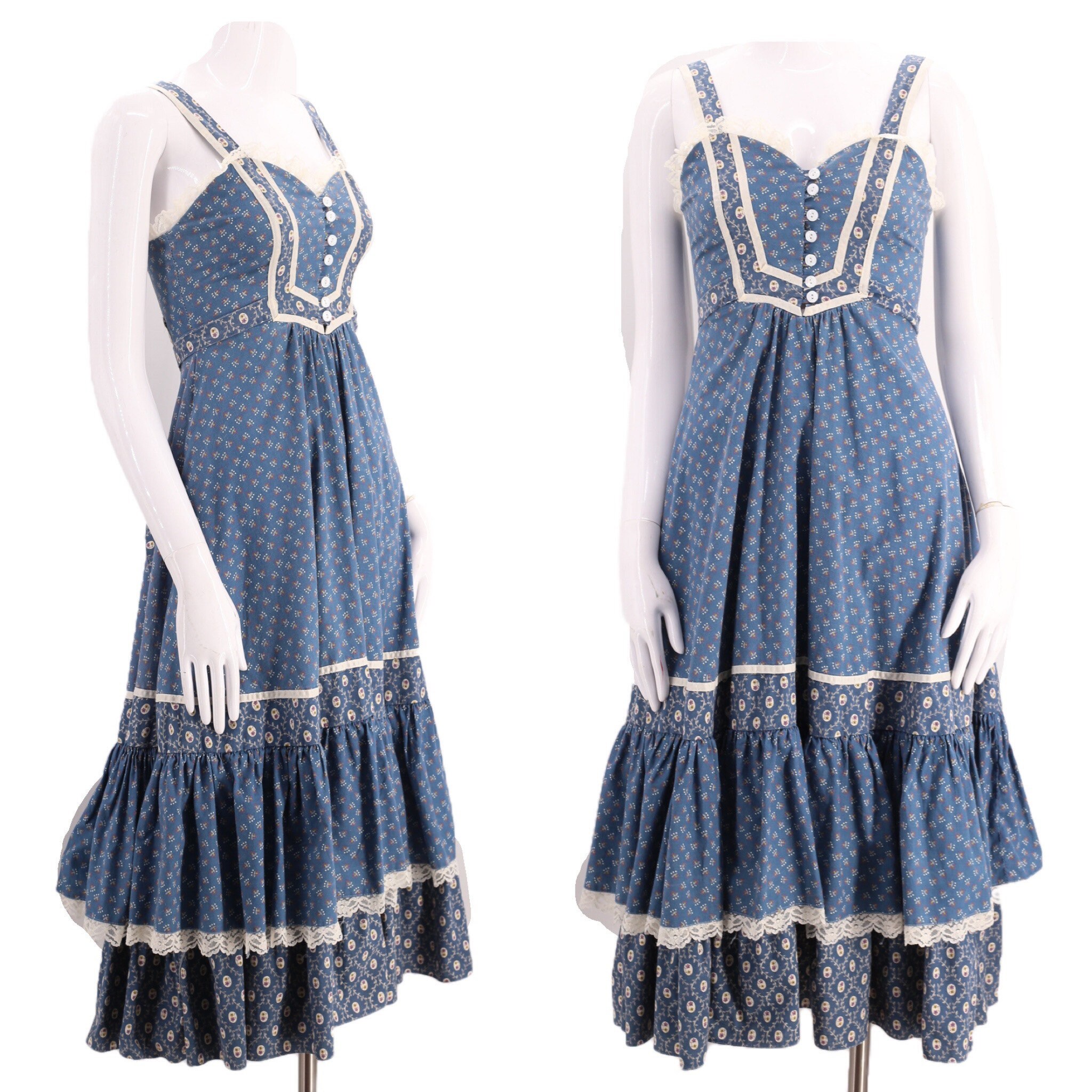 70s GUNNE SAX dress blue cotton prairie midi 7 / vintage 1970s calico ...