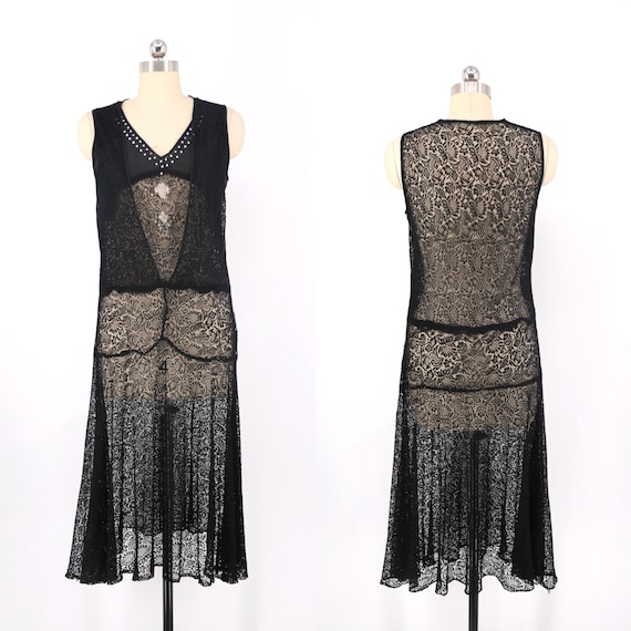 20s black lace dress / vintage Art Deco rhinestone