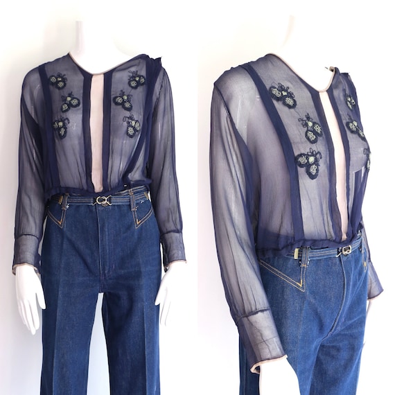 1900s Edwardian navy stitched silk chiffon blouse
