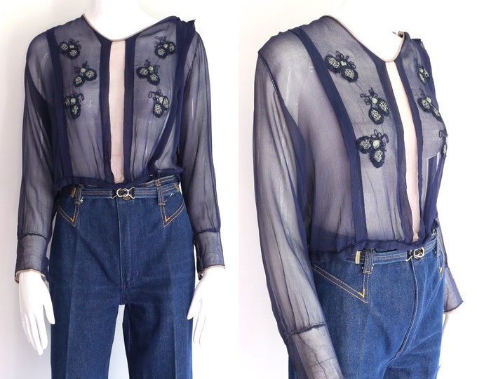 1900s Edwardian navy stitched silk chiffon blouse top size M / Victorian 1800s antique teens