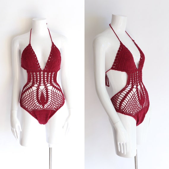 70s crochet one piece bathing suit / vintage 1970s