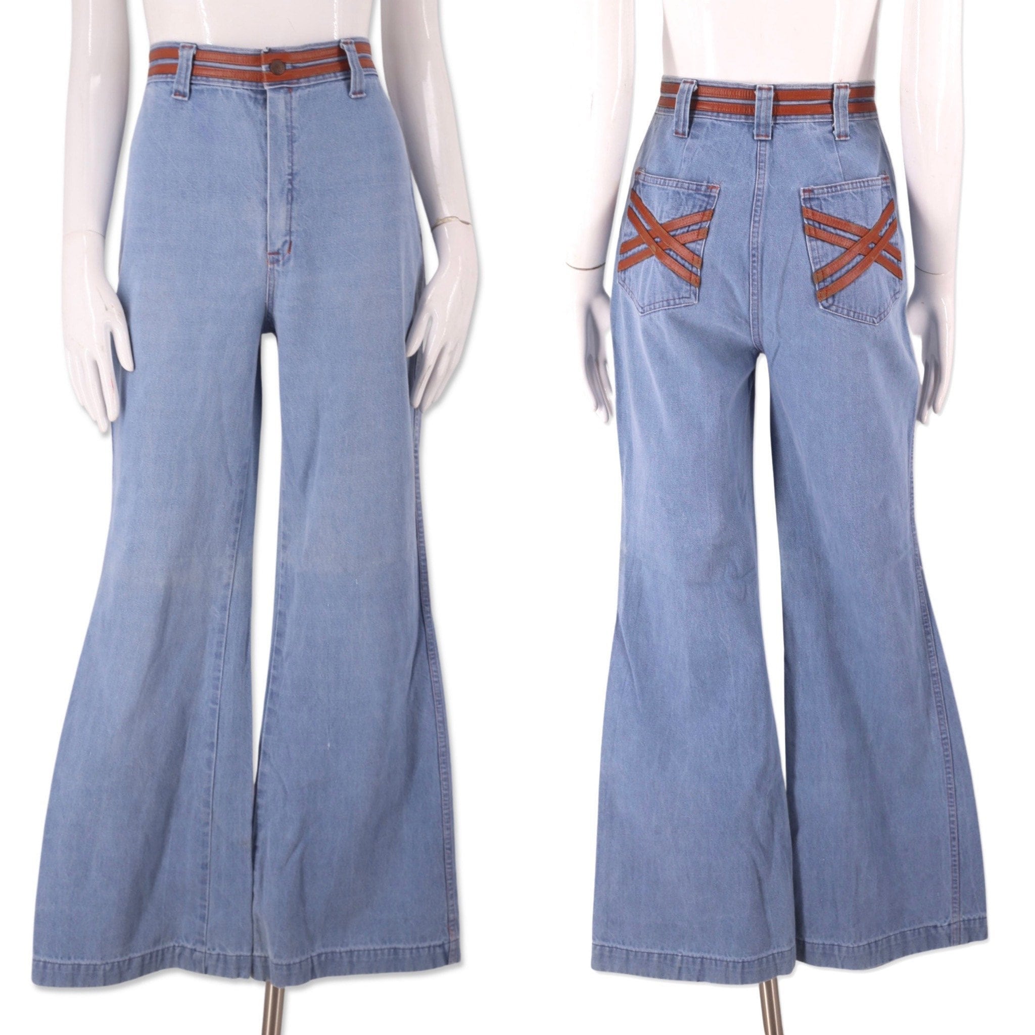 70s denim bell bottom jeans 25, vintage 1970s leather trim jeans, 70s ...