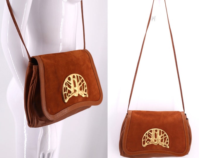 80s Robert Lee Morris suede purse, vintage 1980s Brutalist TREE medallion bag, leather cross body designer shoulder bag 90s