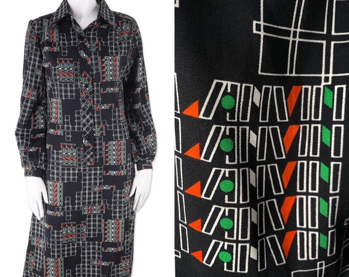 70s LANVIN shift dress, vintage 1970s womens logo print dress, black shirt dress size 10 M