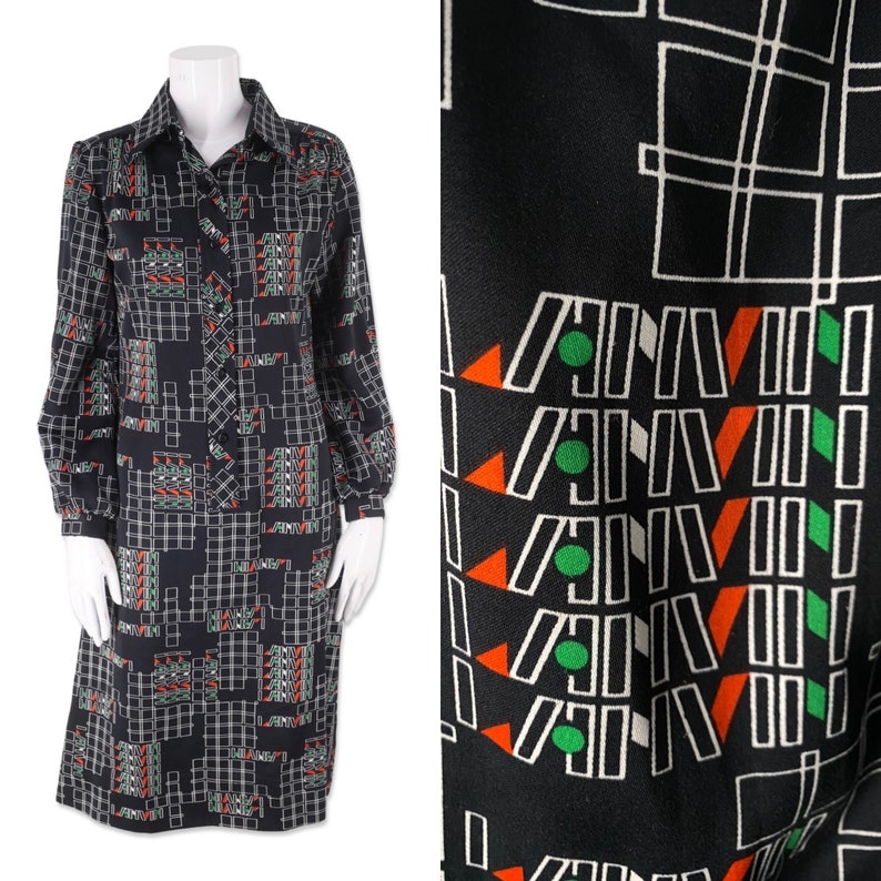 70s LANVIN shift dress, vintage 1970s womens logo print dress, black shirt dress size 10 M image 1
