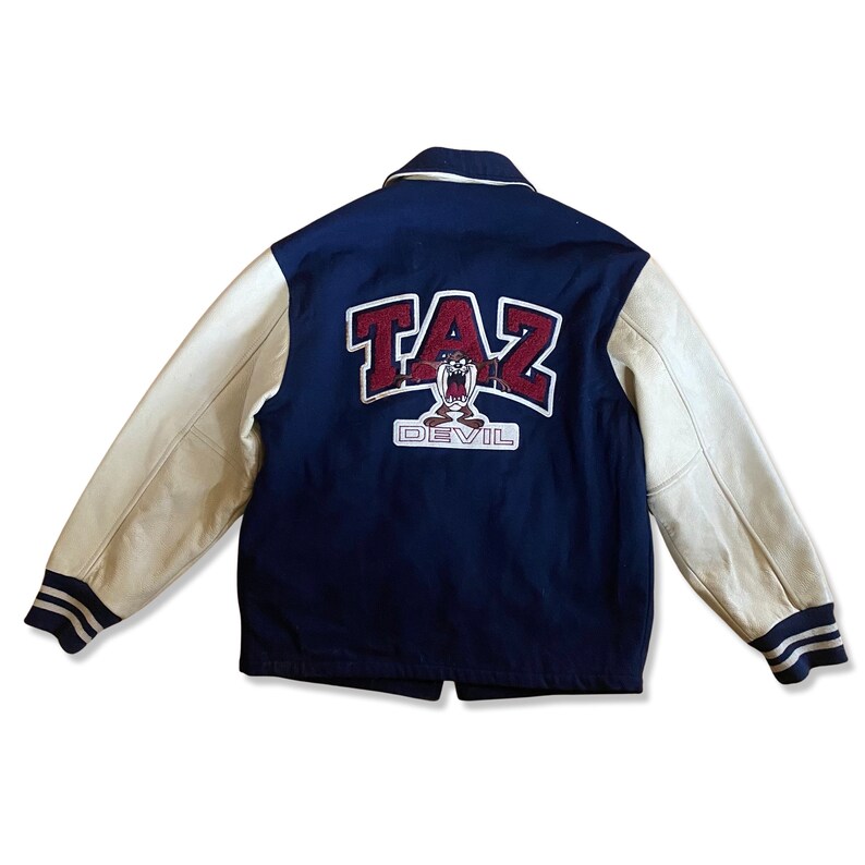 1990s Taz Looney Toons Varsity Jacket XS, vintage 1997 cartoon letterman jacket, wool leather sleeves neutral unisex image 2