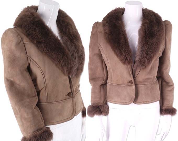 70s shearling cropped jacket M/L, vintage 1970s suede glam rock bomber, fur coat, penny lane jacket medium