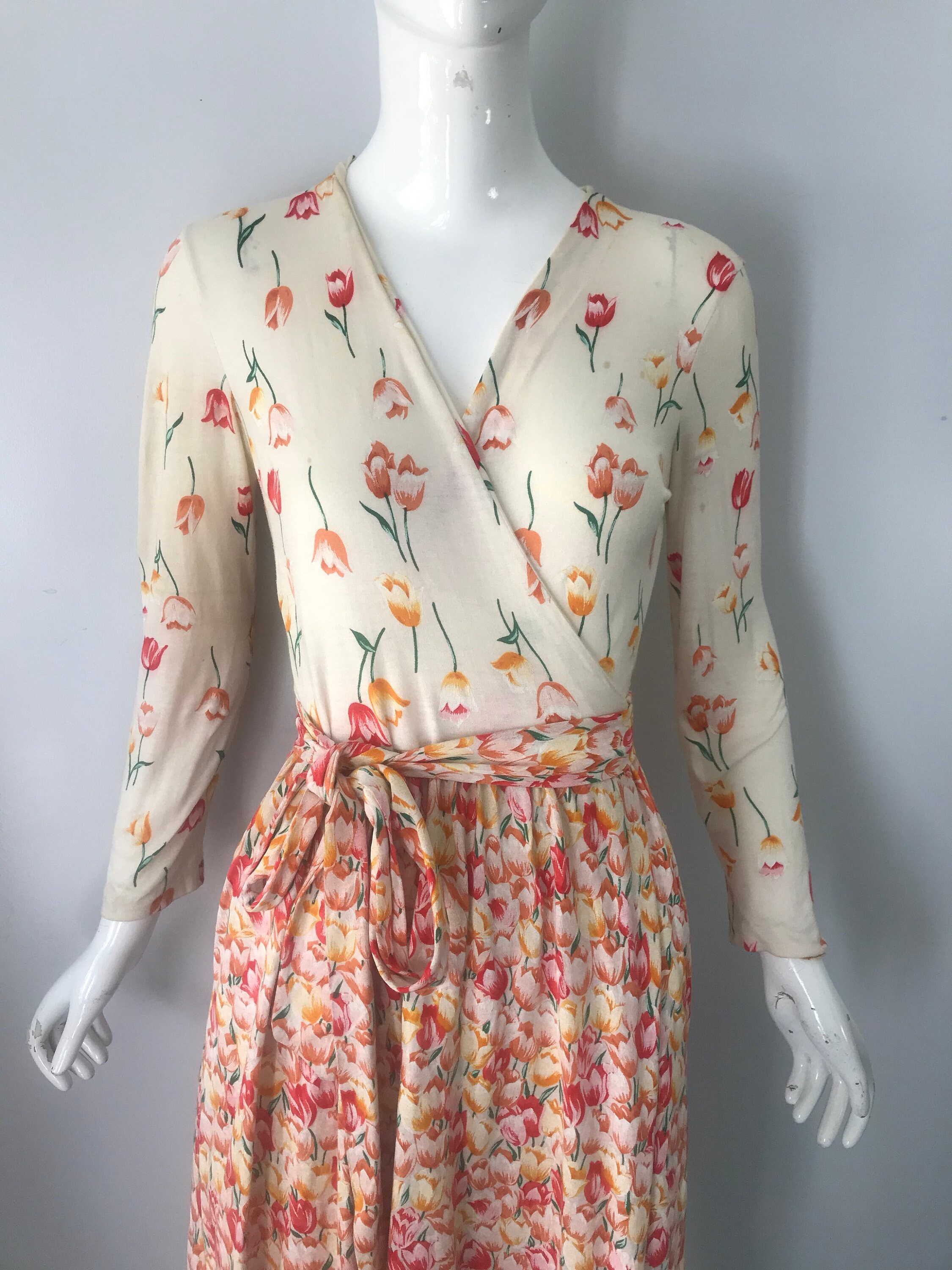 70s DVF tulip print classic cotton rayon wrap DRESS vintage 1970s diane ...