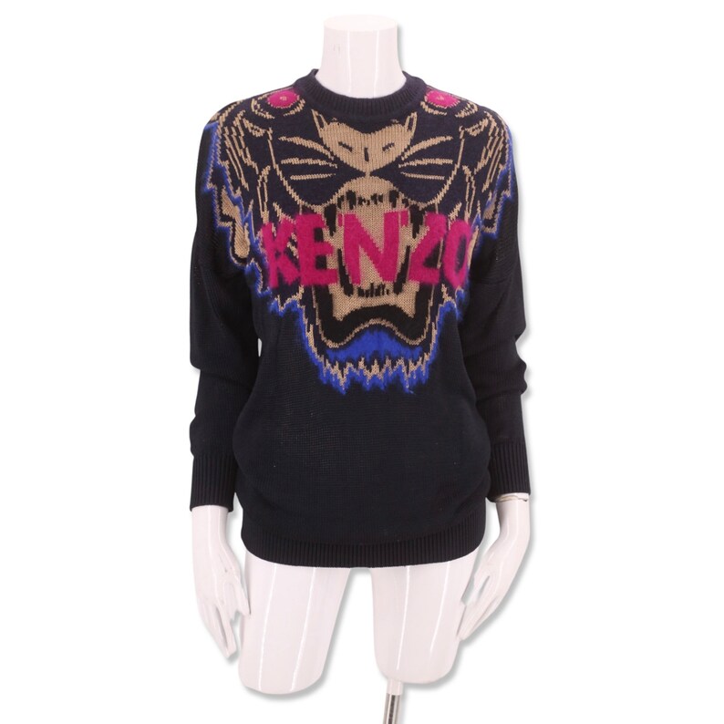 KENZO logo print sweater sz S / vintage Kenzo Paris black Angora knit lion sweater top image 2